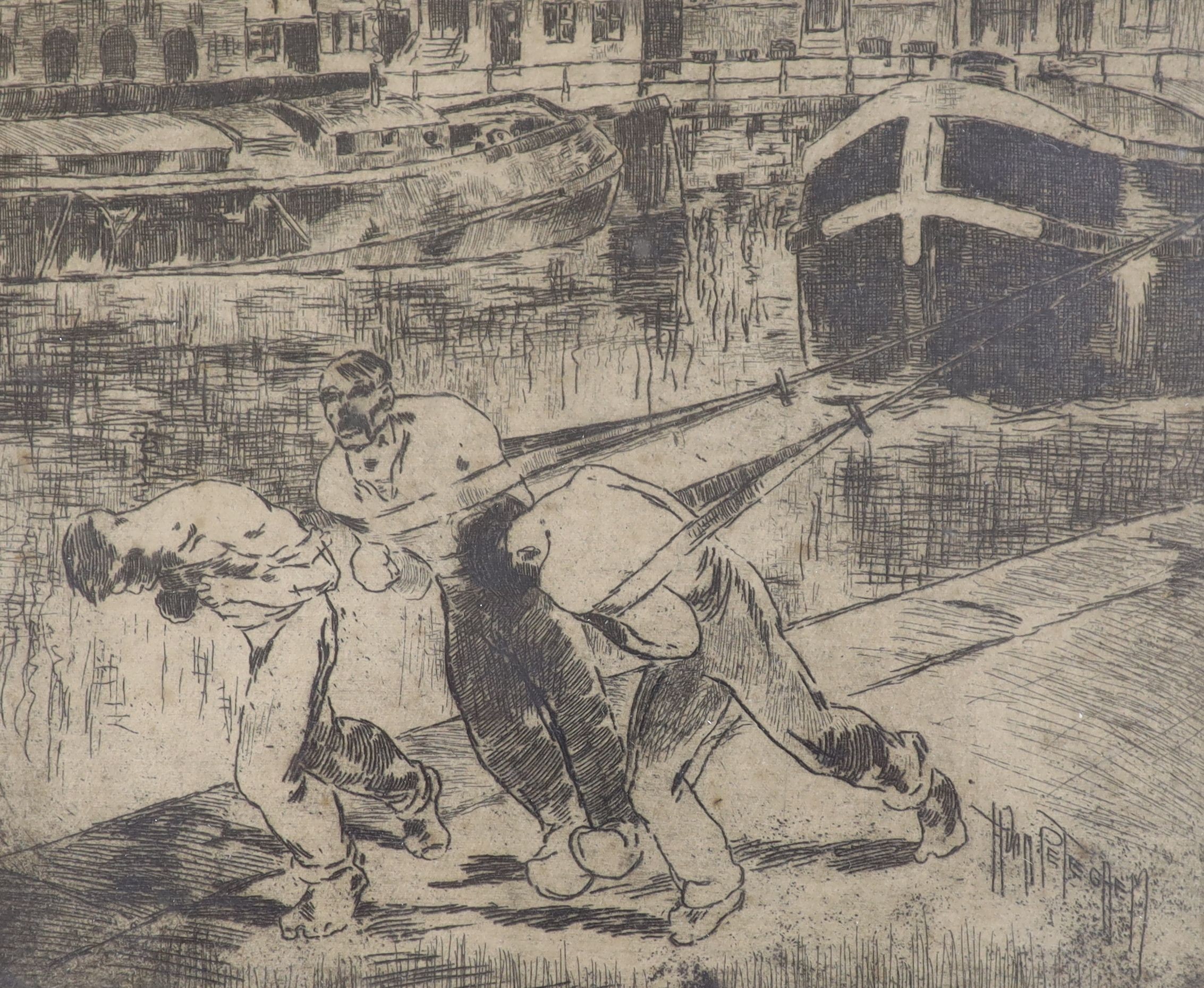 H. Van Peteghem, etching, Bargemen pulling a barge, signed in pencil, 19 x 23cm